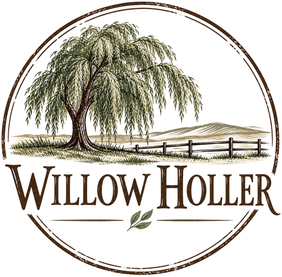 Willow Holler: a willow tree by a fence in rolling country